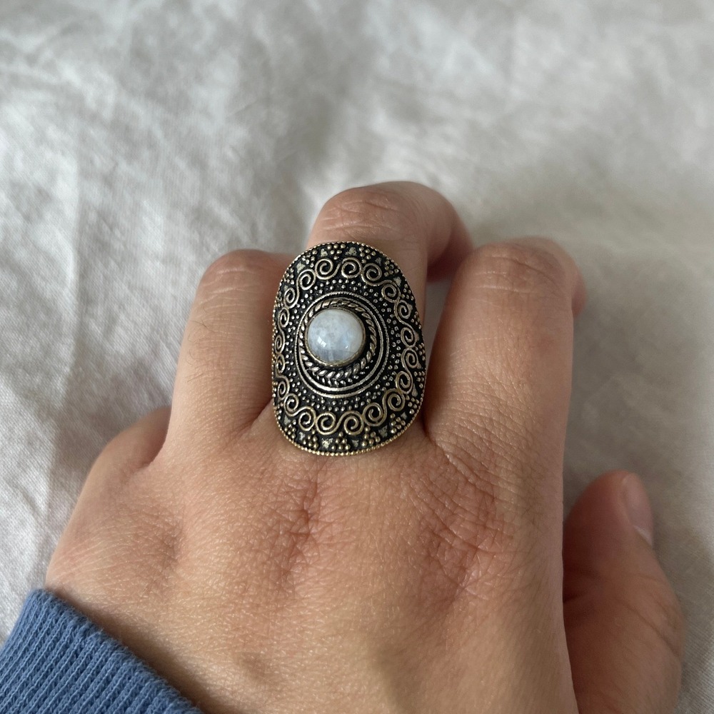 Gold Boho Filigree Moonstone Cabochon Statement Ring 9 Celestial Whimsygoth
